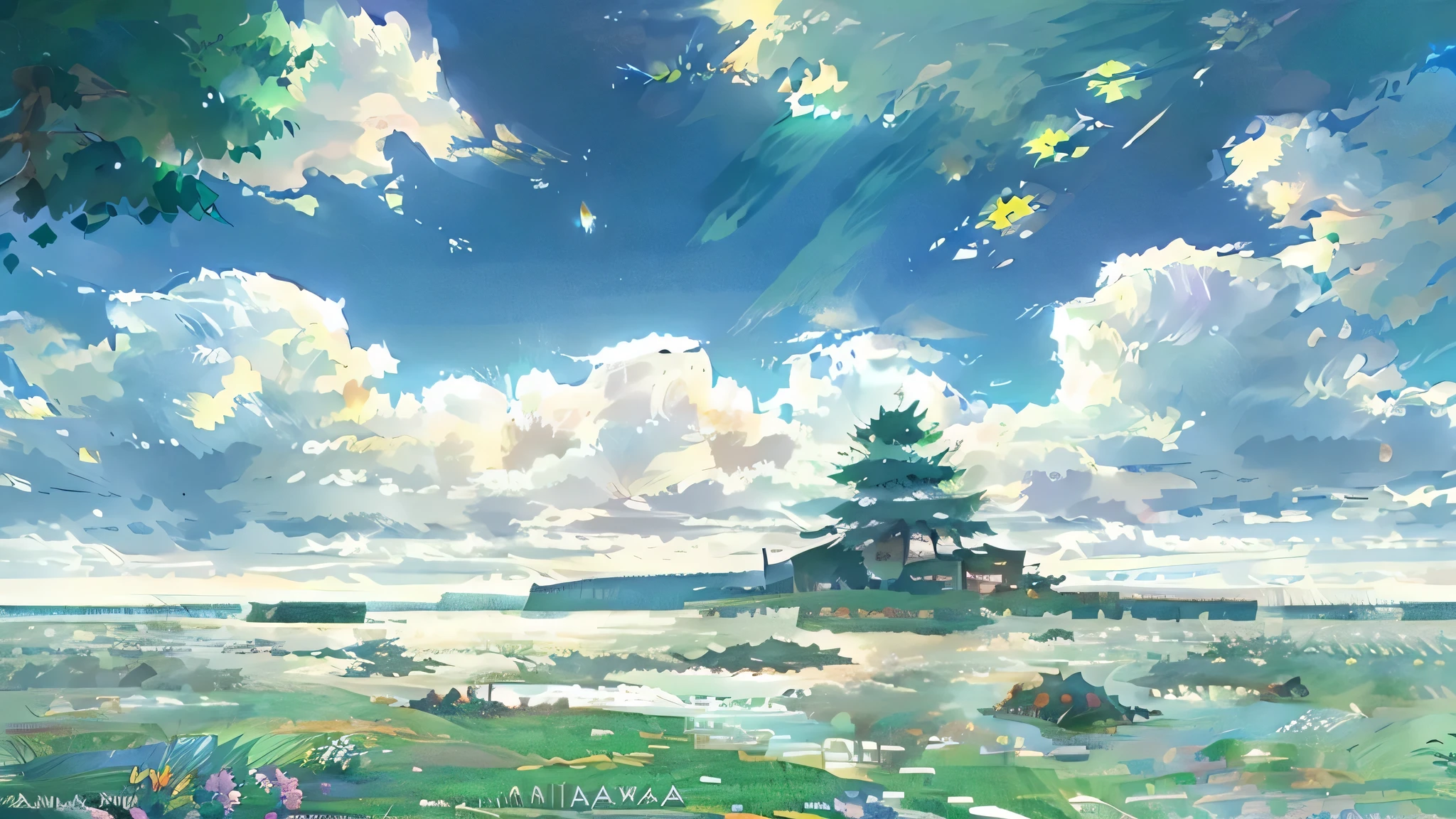 Studio Ghibli, Makoto Shinkai, anime countryside scenery,beautiful nature, blue sky, grassland
