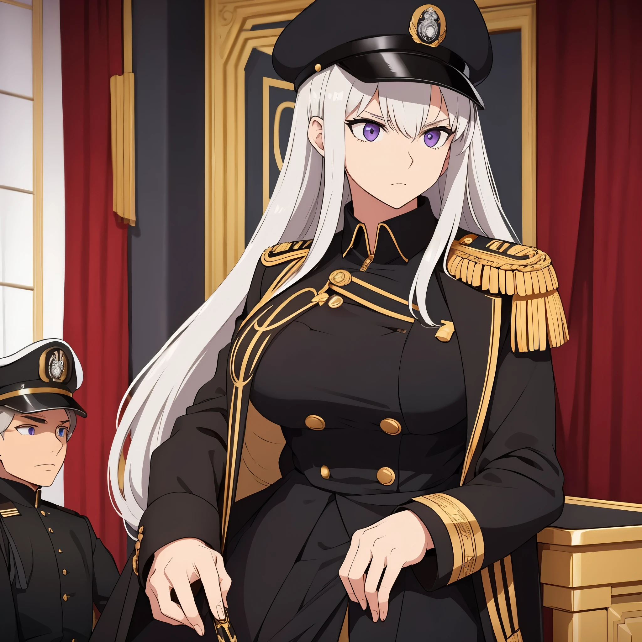 A woman wearing a black Prussian military uniform with gold details, silver hair, purple eyes, black military hat with gold details, in a naval port.
