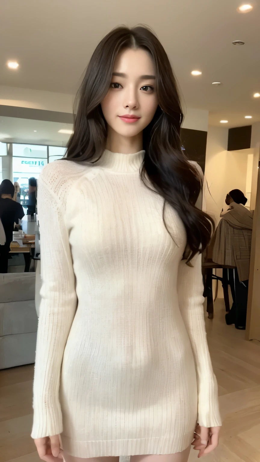 ((top-quality、8k、​masterpiece:1.3))、Beautiful woman with perfect body:1.4、slim abdomen:1.2、Longhair, normal breast, Highly detailed facial and skin texture, A detailed eye, delicate eyes, double eyelid, (smile), (full body shot), ((shopping mall)), (standing)), ((wearing white sweater suit dress)), looking in front