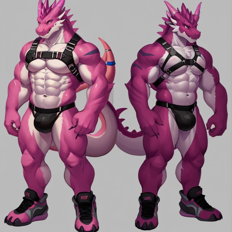there are two different poses of a gray dragon male, rear position, front position,sketches of a dragon male, pink dragon fursona, [ character design ], character adoptable, anthropomorphic dragonmale, tome + concept art, full body concept, fursona art, fursona commission, character design contest winner, big muscular, red sport shoes, wearing harness, white jockstrap, nipple piercing