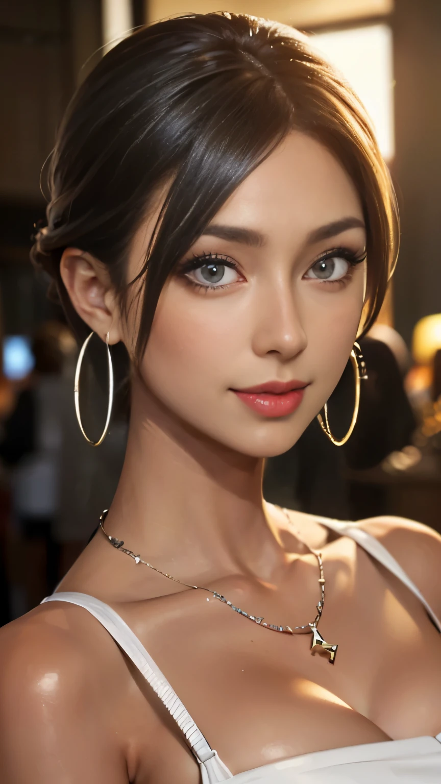 masterpiece, formal, (Mature women standing in a line sticking out towards the viewer:1.4), (bodycon, micro dress), (detailed pupil, perfect eyes:1.2), (Shiny clothes that reflect light and are very wrinkled:1.2), Sparkling, Sparklingした金色, (hoop earrings), necklace, latex, glowing skin, glamorous perfect female proportions, enchanting smile,  fine surface texture, evil smile, (dark hotel bedroom)、((oil skin,Sparkling肌、realistic skin texture、detailed beautiful skin、shiny skin、shiny skin))