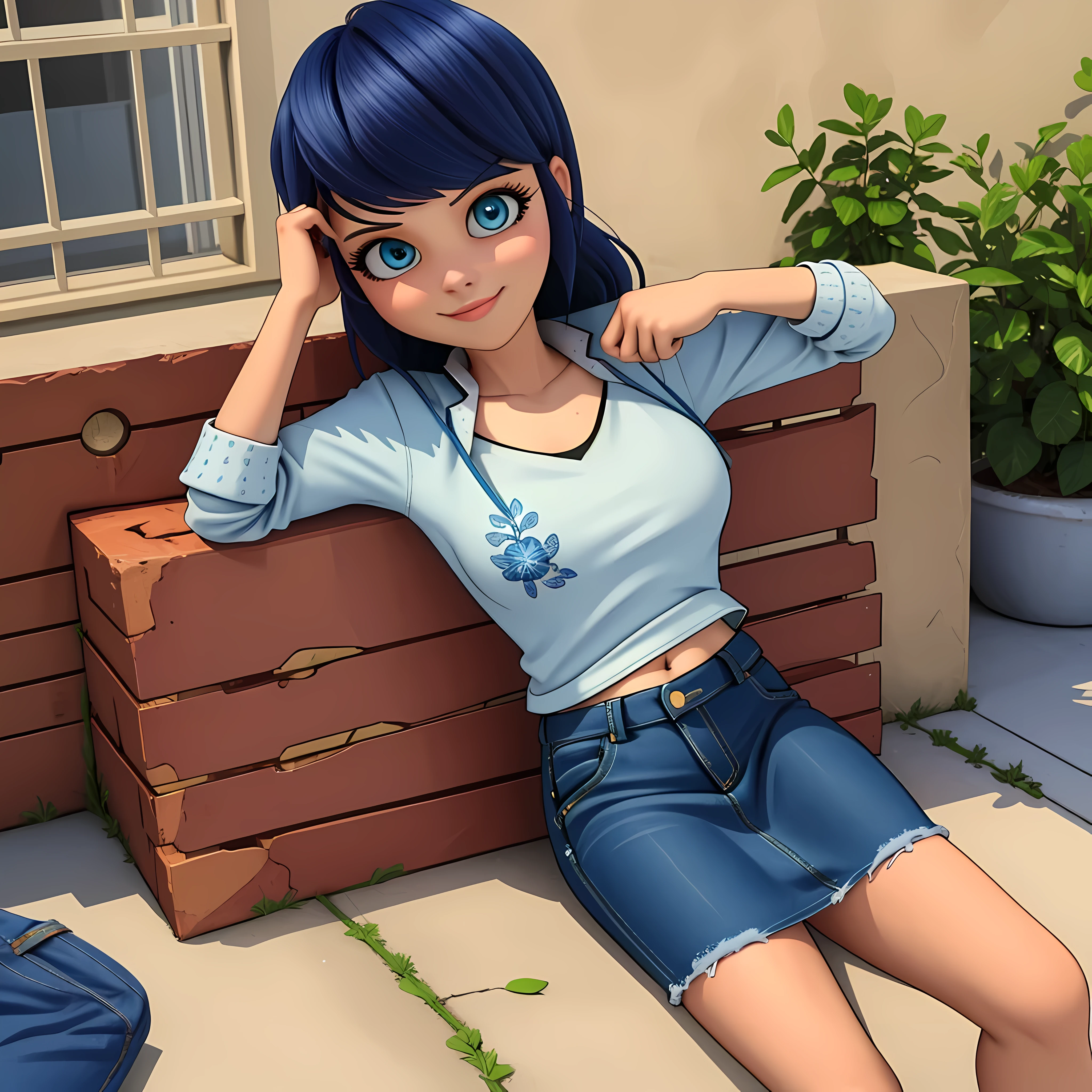 (8K, foto cruda, Mejor calidad, Obra maestra:1.2), (detalles intrincados), ojos perfectos, cara perfecta, perfect lighting, hermoso, (Obra maestra:1.2), (Mejor calidad:1.2), 1 chica, solo, marinette, pelo azul, ((pelo largo)), adult torso, 17 years old, leve sonrisa, large size breasts, (falda de mezclilla, falda corta, camiseta roja del ombligo, chaqueta, Gafas de sol), tiro de vaquero, 3DMM, sentado en el suelo, mirando al espectador, sexy
