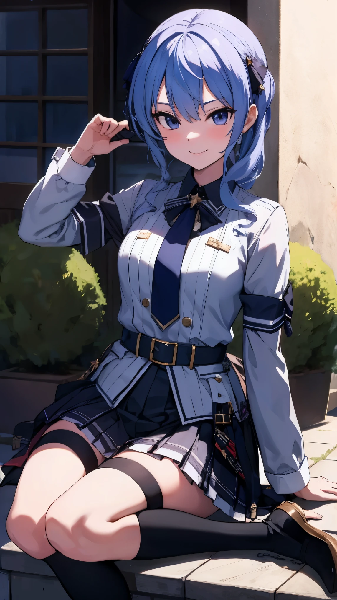 Hololive_hoshimachi suisei_fantasy_black stockings_shortcut_Idol_raw stone star_star star_a handsome guy_delivery_Virtual YouTuber_smile_date_Cafe_move_thank you_bless_thank you_posing_uniform_high school girl_student_beautiful feet_glossy_highest quality_masterpiece_medium hair_髪型はshortcut_