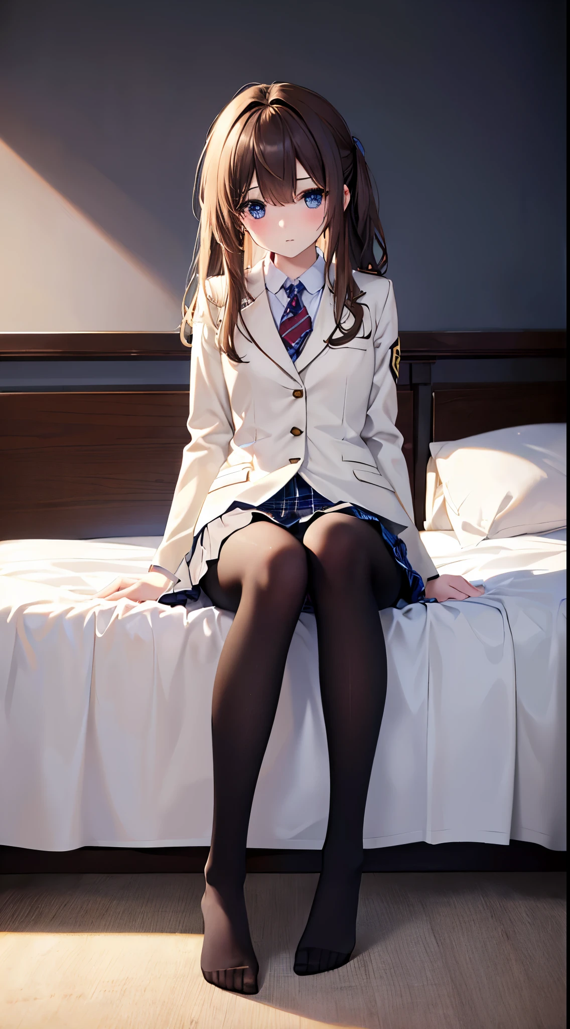 finest, masterpiece, High resolution, (Full body view from head to toe), Composition from slightly below the front, Symmetrical, 18 years old, slim and beautiful girl, alone, (small breasts), (not wearing shoes),long messy brown hair, bangs, (black tights), (black pantyhose), (sitting on the floor with legs apart), (Pose with legs spread on the bed), tied up with both arms hidden behind the back, (Composition showing white panties), (her legs spread、I can see white panties.), blush, shy big eyes, looking at camera, blazer uniform, plaid pleated skirt