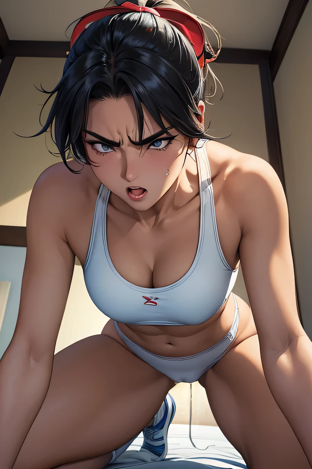 low angle shot，looking up from below，Emphasis on the crotch。Disdainful eyes and angry expressions (a female athlete，Wear a white sports bra，Kneel on the bed，Fluid leaks from vaginal crevices）。