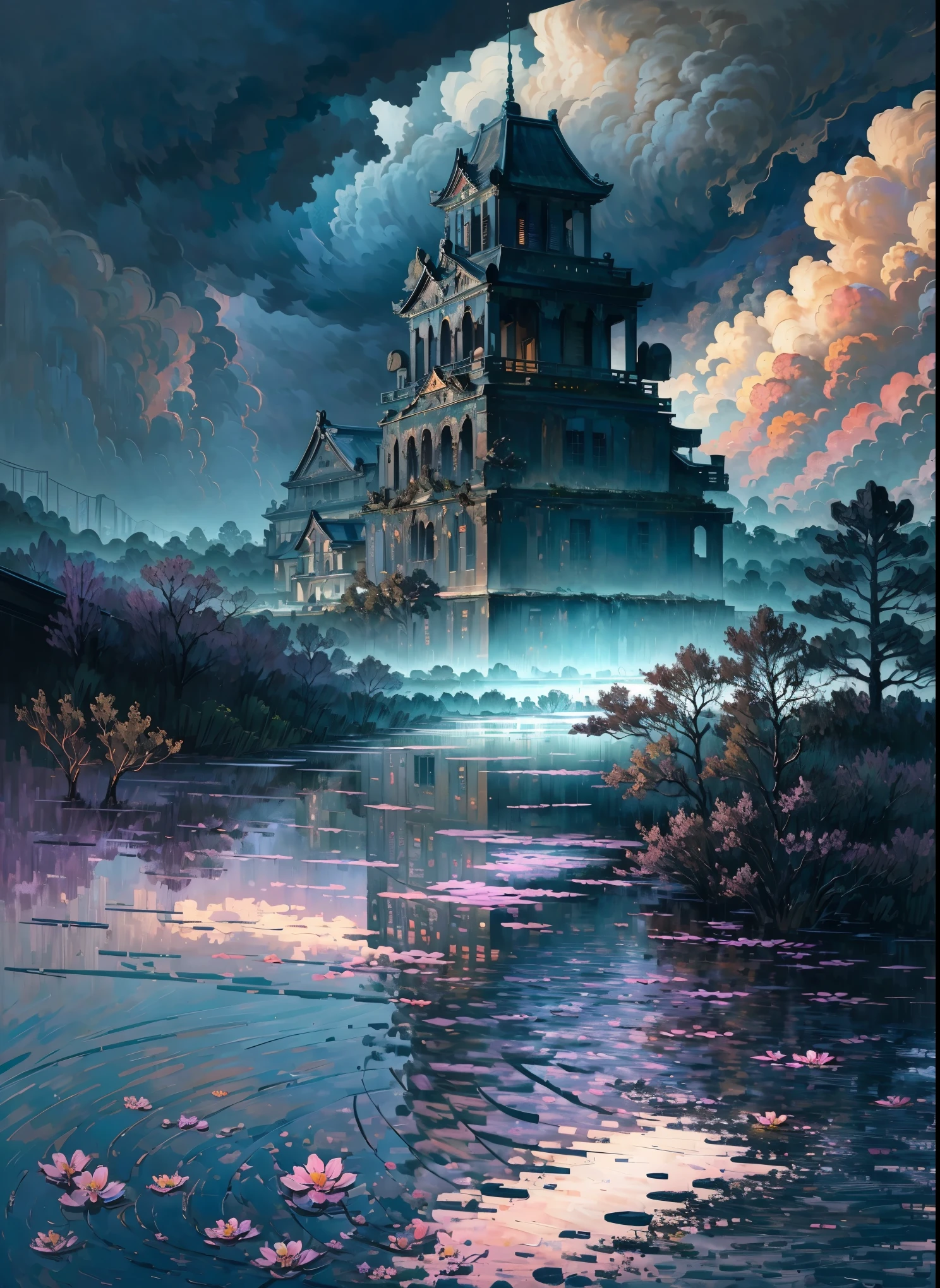 highest quality,4k,8k,High resolution,masterpiece:1.2,super detailed,realistic,realistic:1.37,landscape,many,Impressionism,flood,illumination,Japanese culture,disaster,heavy rain,dark clouds,dark atmosphere,Flooded rivers,damaged building,Desolate cityscape,Soaked landscape,Ripple Water Reflection,Flooded trees,moody lighting,brush stroke,Tranquil garden of cherry blossoms,Sparse cherry petals,floating debris,Turbulent waves,Ominous storm clouds,subtle color palette,soft lighting,Ominous emotions,crumbling building,abandoned temple,忘れられないlandscape,A mysterious fog covered the scene,eerie silence,breathtaking、But melancholic scenes,Juxtaposition of natural beauty and destruction,The figure stood in chaos,Thinking about the power of nature,A fascinating blend of tranquility and chaos,Visually striking and emotionally stimulating artwork,Expressing the exquisite balance between humans and nature,Convey awe and awe.