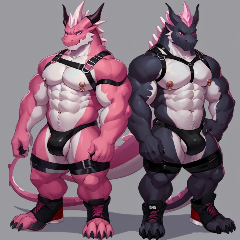 there are two different poses of a gray dragon male, back position, front position,sketches of a dragon male, pink dragon fursona, [ character design ], character adoptable, anthropomorphic dragonmale, tome + concept art, full body concept, fursona art, fursona commission, character design contest winner, big muscular, red sport shoes, wearing harness, white jockstrap, nipple piercing