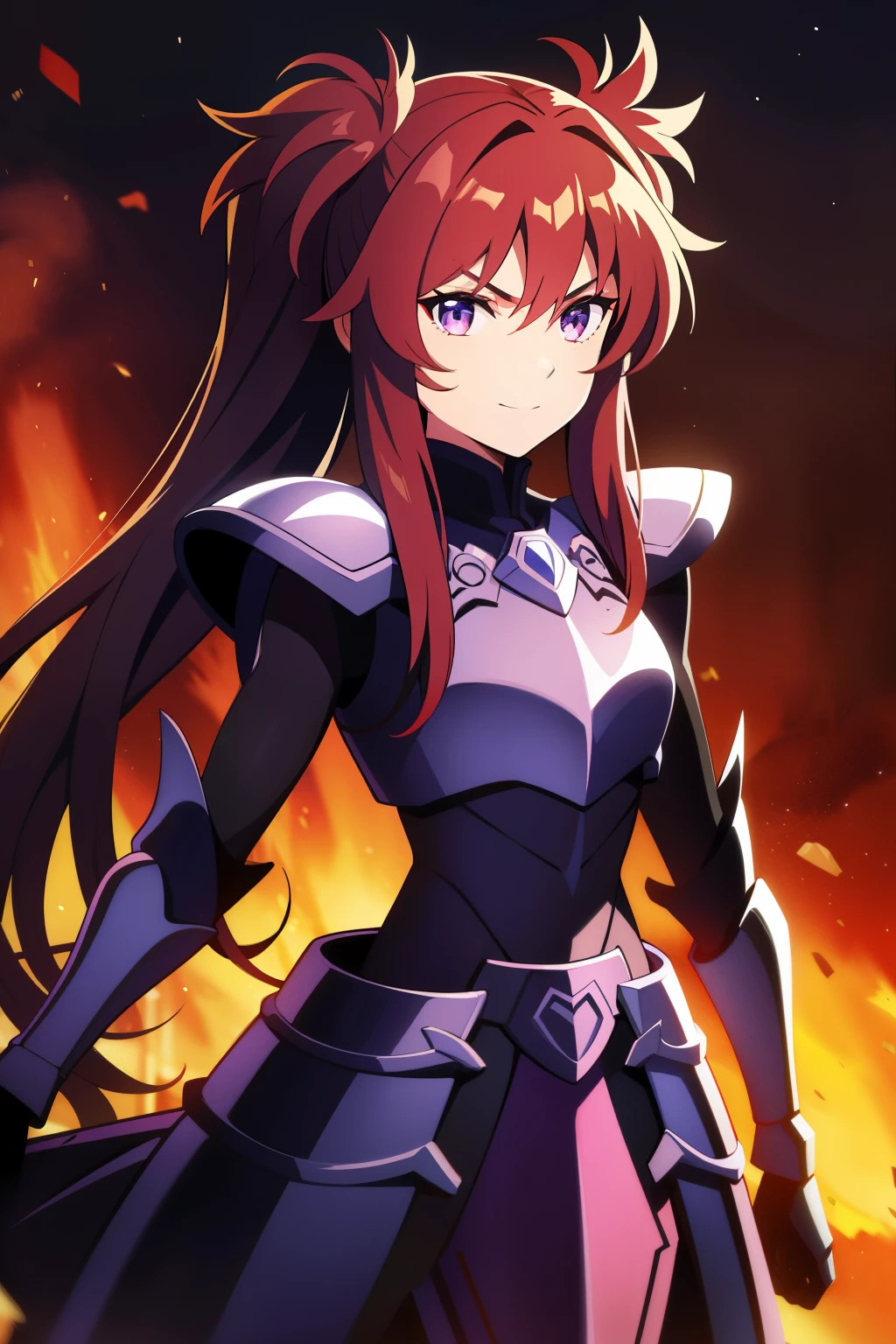 (high-quality, breathtaking),(expressive eyes, perfect face), 1girl, female, solo, half body, armor, dark onyx purple armor, saint seiya armor, spectre armor, fantasy armor, red hair, medium length hair, brown eyes, ( watercolor \(medium\), black background, small smile, zoom out, fluffy pigtails
