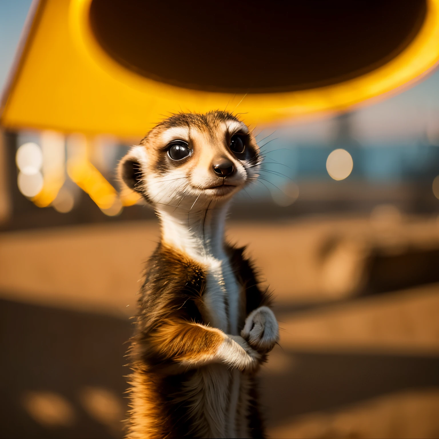 Cute meerkat in the style of a Pixar movie with a hood on, illumination, 映画のようなillumination, 。...3D, Borrowed, Super detailed, 8k, Several