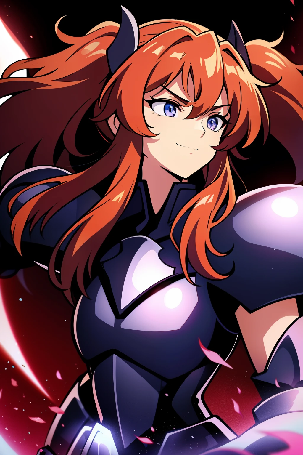 (high-quality, breathtaking),(expressive eyes, perfect face), 1girl, female, solo, half body, armor, dark onyx purple armor, saint seiya armor, spectre armor, fantasy armor, red hair, medium length hair, brown eyes, ( watercolor \(medium\), black background, small smile, zoom out, fluffy pigtails