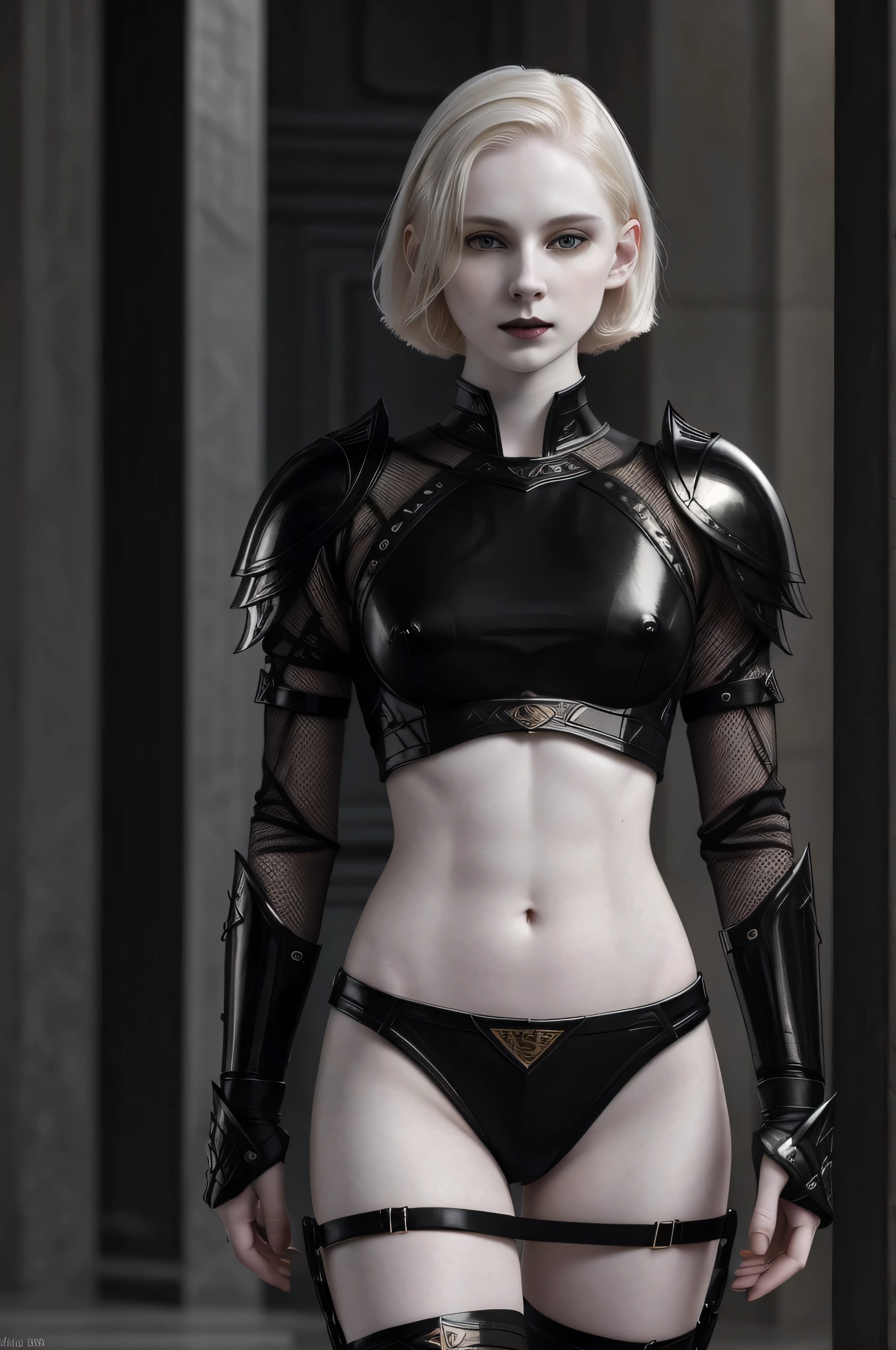 ((pale skin)), ((white skin)), Athletic, ((pale skin)), brunette, girl, wavy bob haircut, ((goth)), naked, six-pack abs, ((black lipstick)), pink nipples, as a fantasy warrior, sexy armor, in the style of William-Adolphe Bouguereau