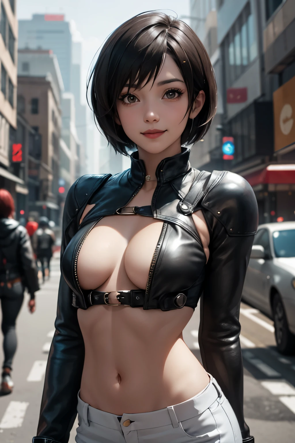 FF7 Yuffie, looking at you, -like, high resolution, smile, blush, short curly hair, exposed belly button, leather belt hot pants, futuristic city, background blur