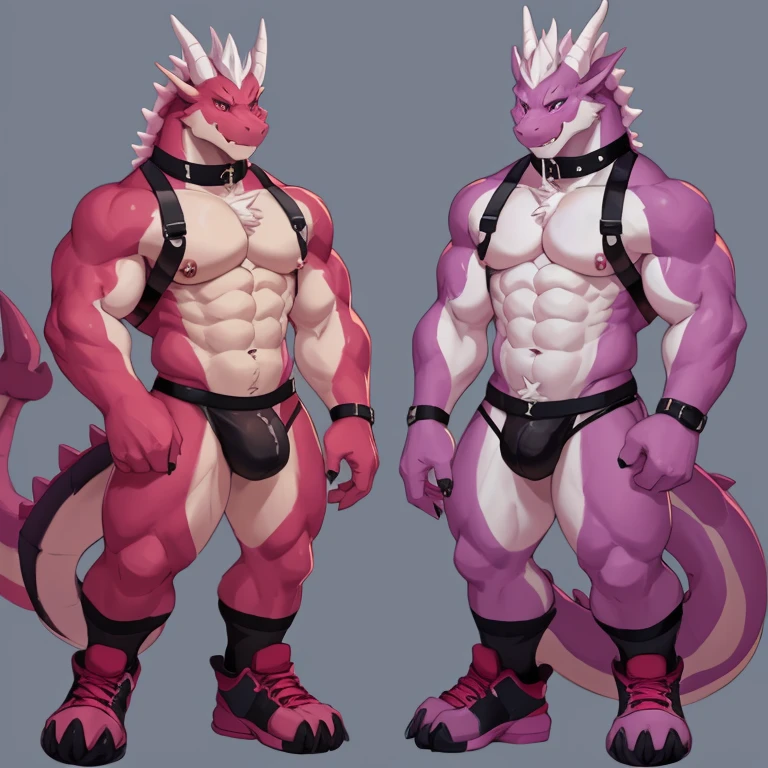 there are two different poses of a gray dragon male, back position, front position,sketches of a dragon male, pink dragon fursona, [ character design ], character adoptable, anthropomorphic dragonmale, tome + concept art, full body concept, fursona art, fursona commission, character design contest winner, big muscular, red sport shoes, wearing harness, white jockstrap, nipple piercing, collar dog