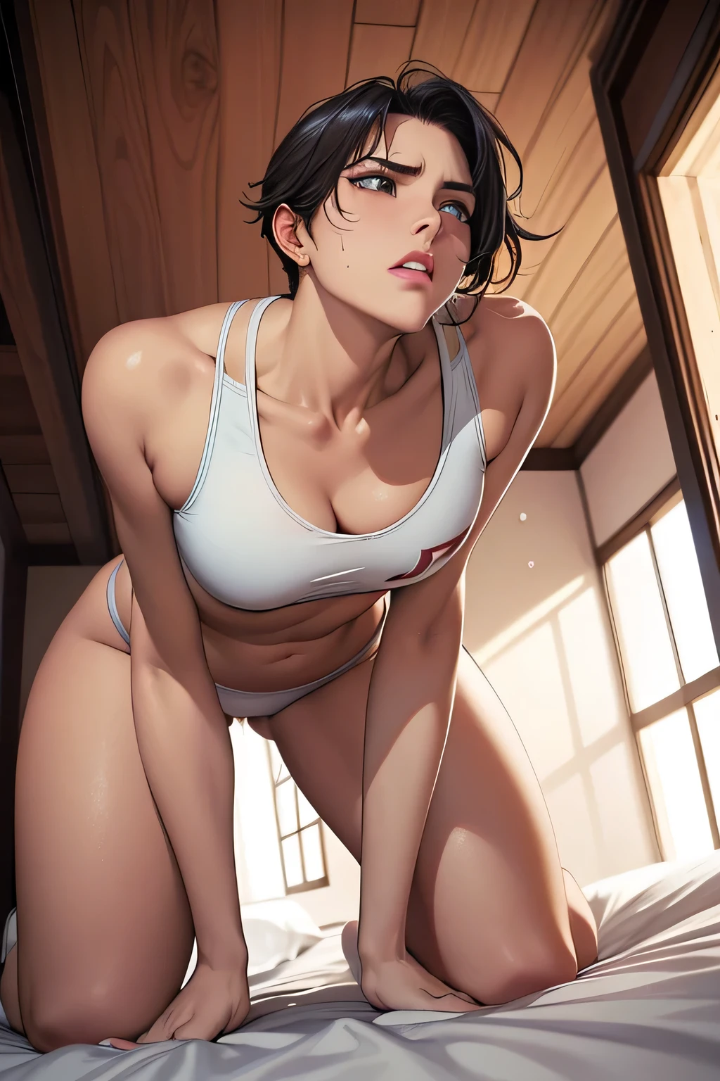 low angle shot，looking up from below，Emphasis on the crotch。Disdainful eyes and angry expressions (a female athlete，Wear a white sports bra，Kneel on the bed，Fluid leaks from vaginal crevices）。