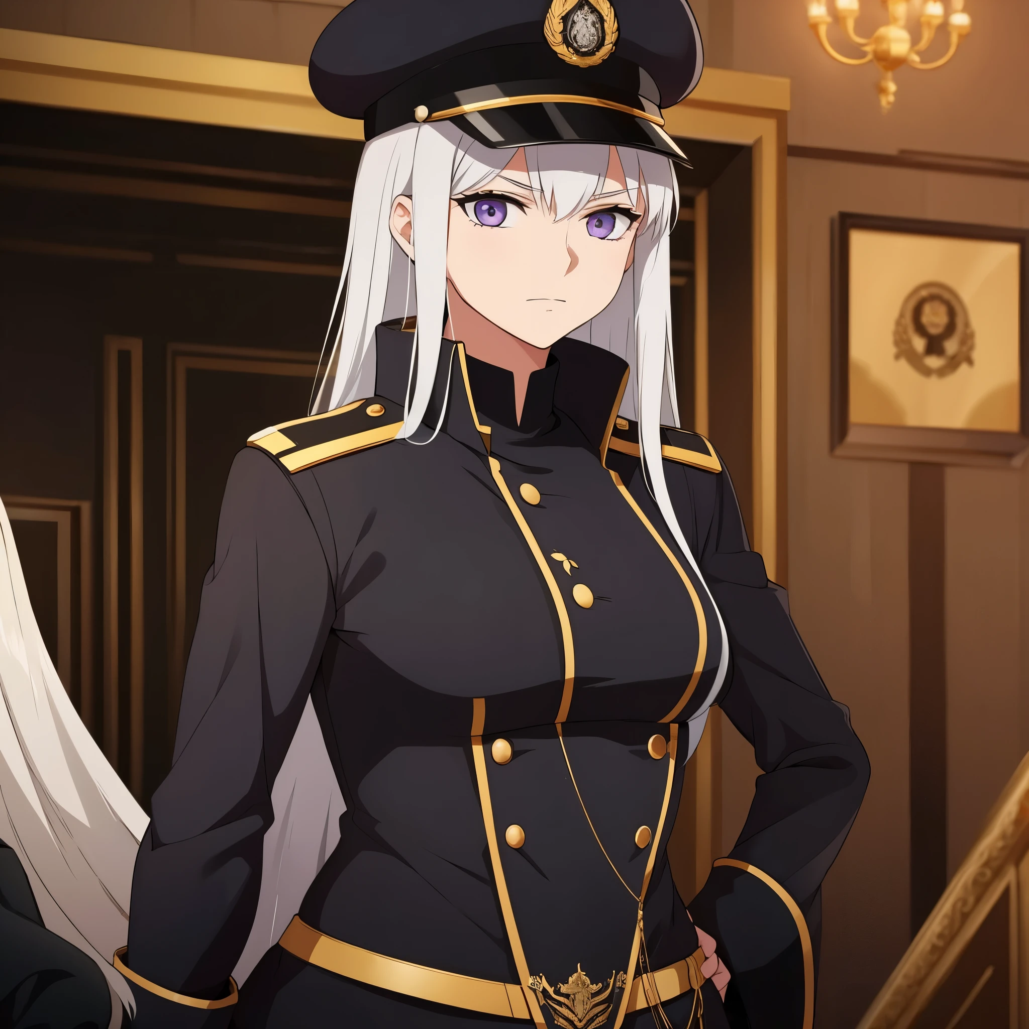 A woman wearing a black Prussian military uniform with gold details, silver hair, purple eyes, black military hat with gold details, in a naval port.
