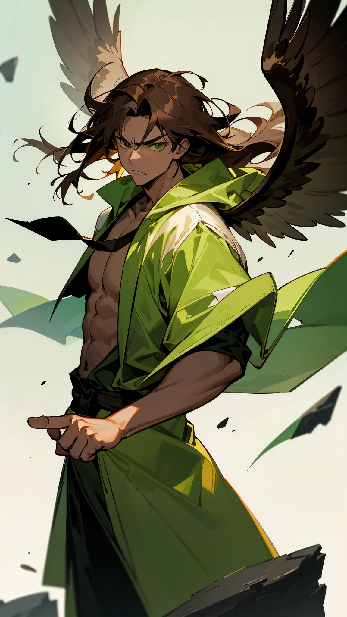 1male , medium-length Hair ,brown Hair , green Robes , Unique Martial Arts Clothing ,adult male,muscular, green Eyes , Angel Wings , Perfect Generation, wings, clear face, angry, rocky terrain background, dark skin