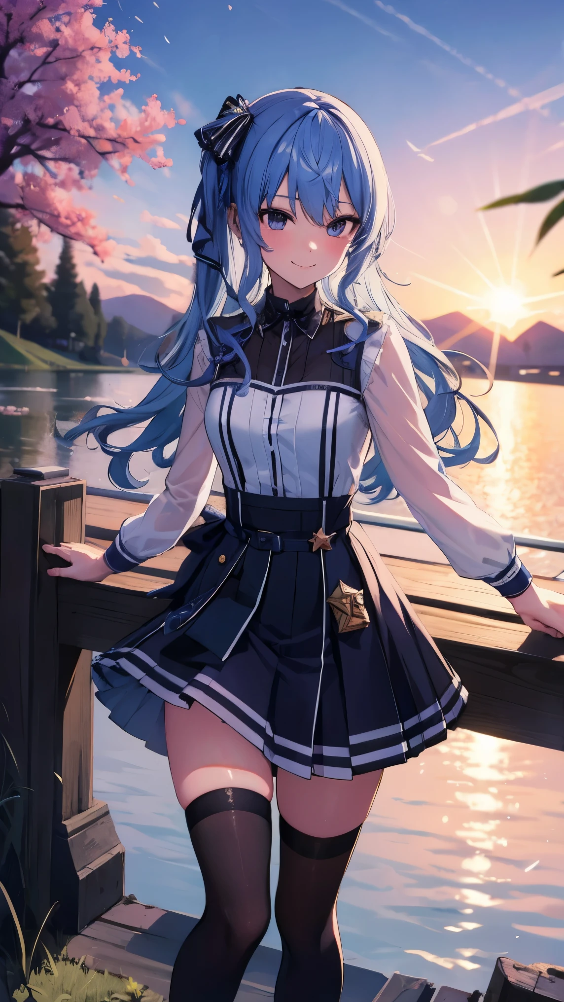 Hololive_hoshimachi suisei_fantasy_black stockings_shortcut_Idol_raw stone star_star star_a handsome guy_delivery_Virtual YouTuber_smile_date_Cafe_move_thank you_bless_thank you_posing_uniform_high school girl_student_beautiful feet_glossy_highest quality_masterpiece_medium hair_髪型はshortcut_beautiful_lake畔_lake_Nature