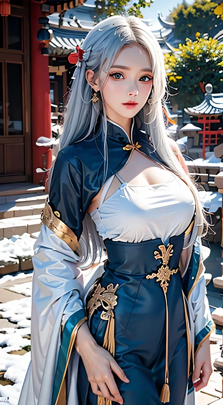 photoactual, A high resolution, gentlesoftlighting, a 1 woman, Alone, hip-up, red eyes, White hair, long whitr hair, 詳細な目, eBlue eyes, Alone, TRADITIONAL CHINESE COSTUMES, Red wedding dress, actual, cosmetics, (gigantic cleavage breasts:1.3), (Larger breasts:1.5),