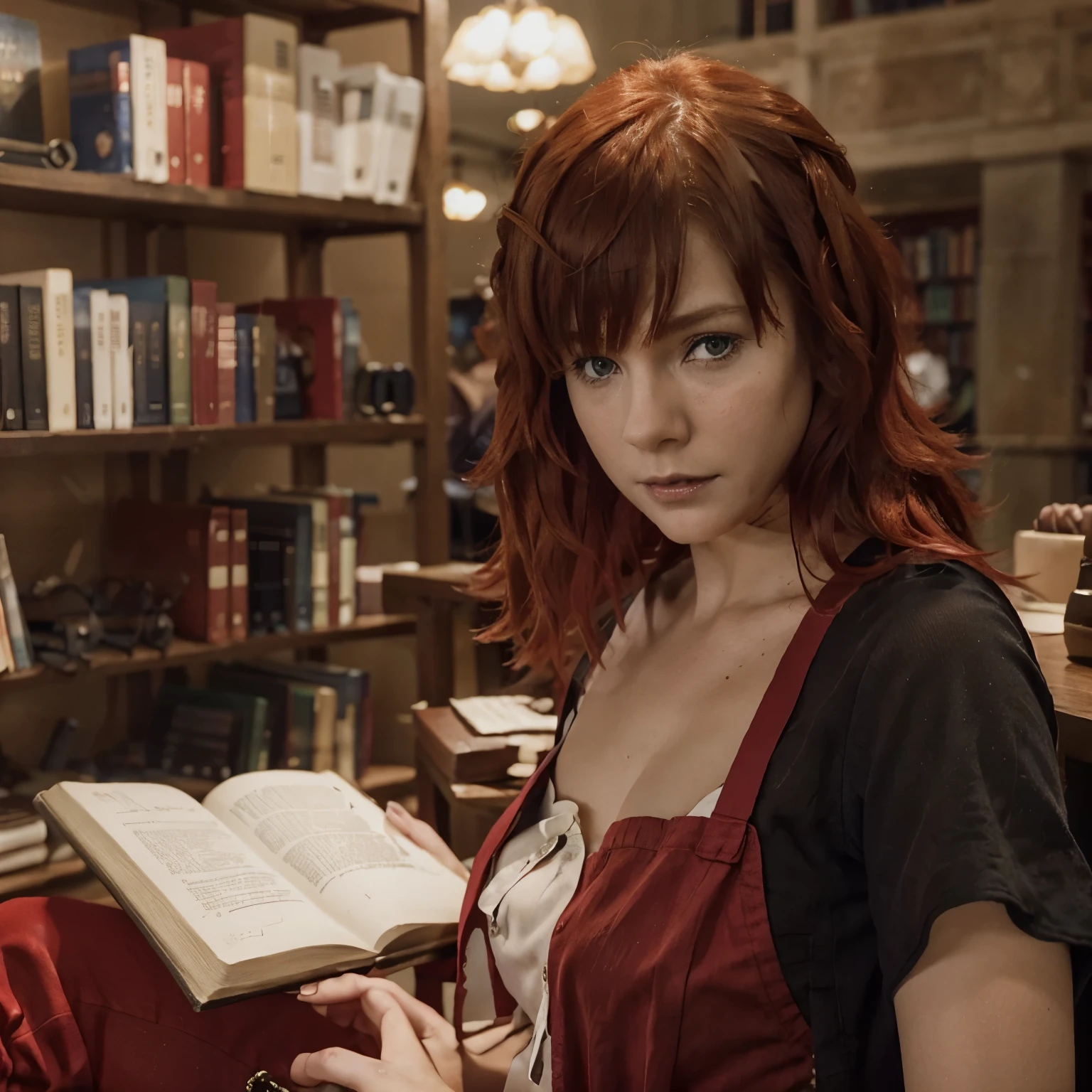 Beautiful girl. Devola. Redhead. She is wearing red pants, a black blouse and a white apron. In a large library. Reading a book. She is sad and crying.