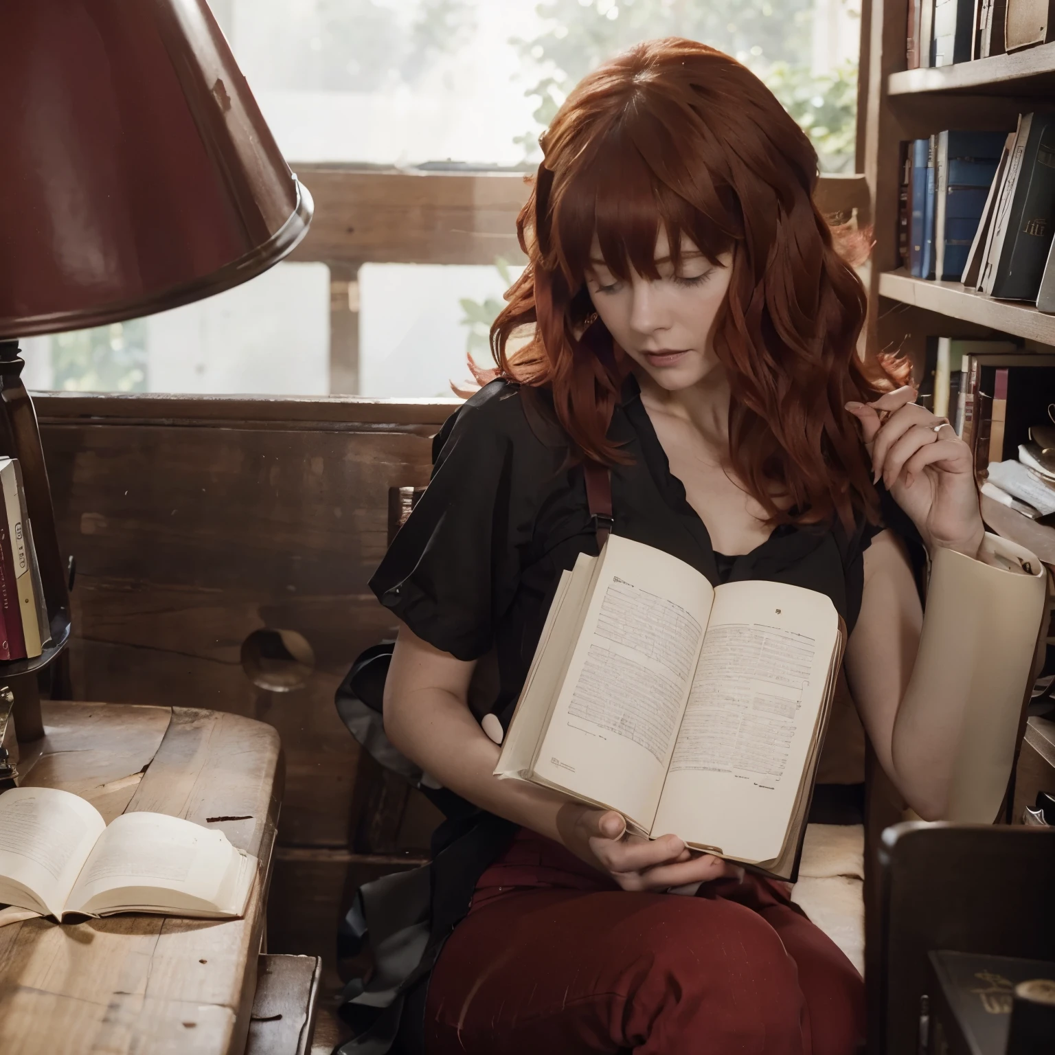Beautiful girl. Devola. Redhead. She is wearing red pants, a black blouse and a white apron. In a large library. Reading a book. She is sad and crying.