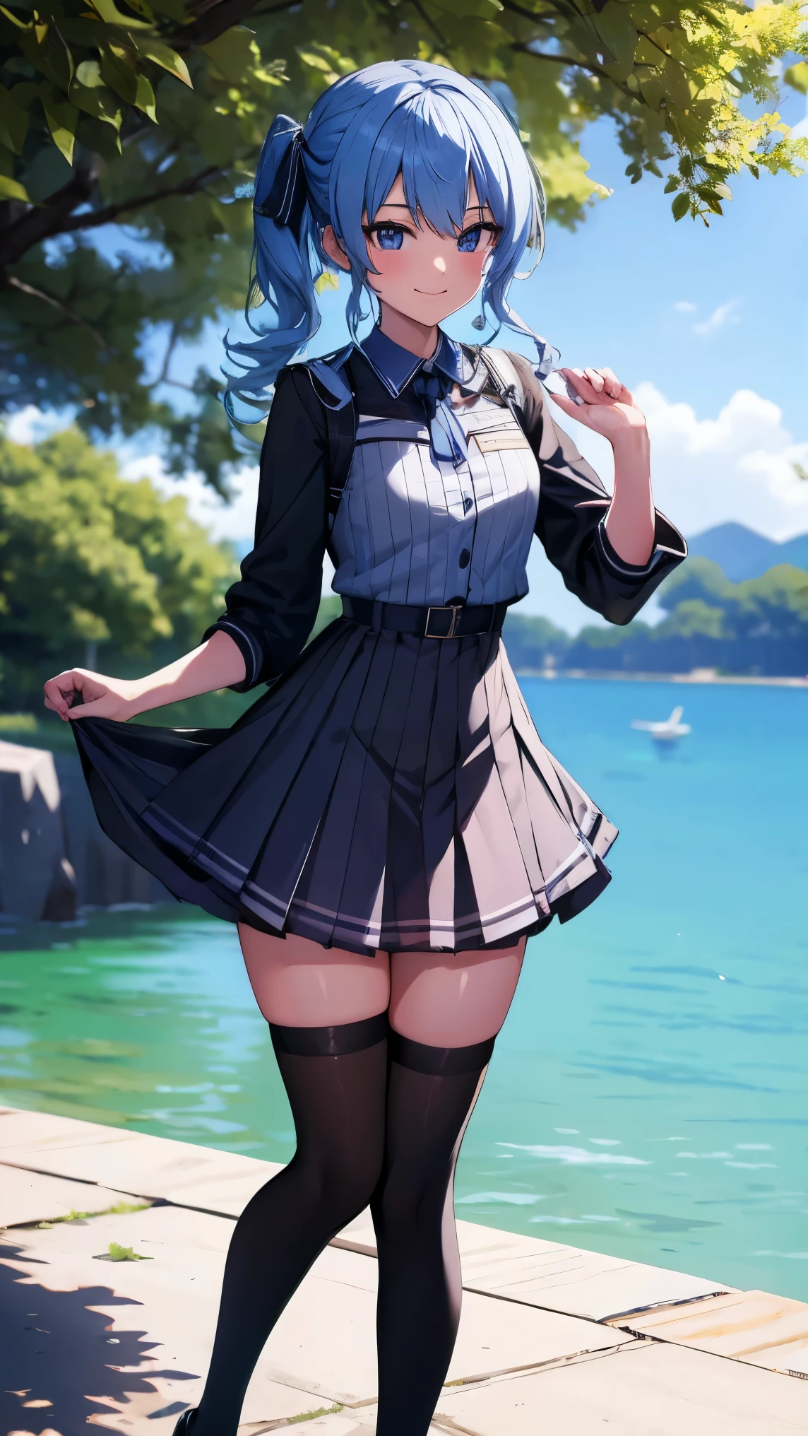 Hololive_hoshimachi suisei_fantasy_black stockings_shortcut_Idol_raw stone star_star star_a handsome guy_delivery_Virtual YouTuber_smile_date_Cafe_move_thank you_bless_thank you_posing_uniform_high school girl_student_beautiful feet_glossy_highest quality_masterpiece_medium hair_髪型はshortcut_beautiful_lake畔_lake_Nature