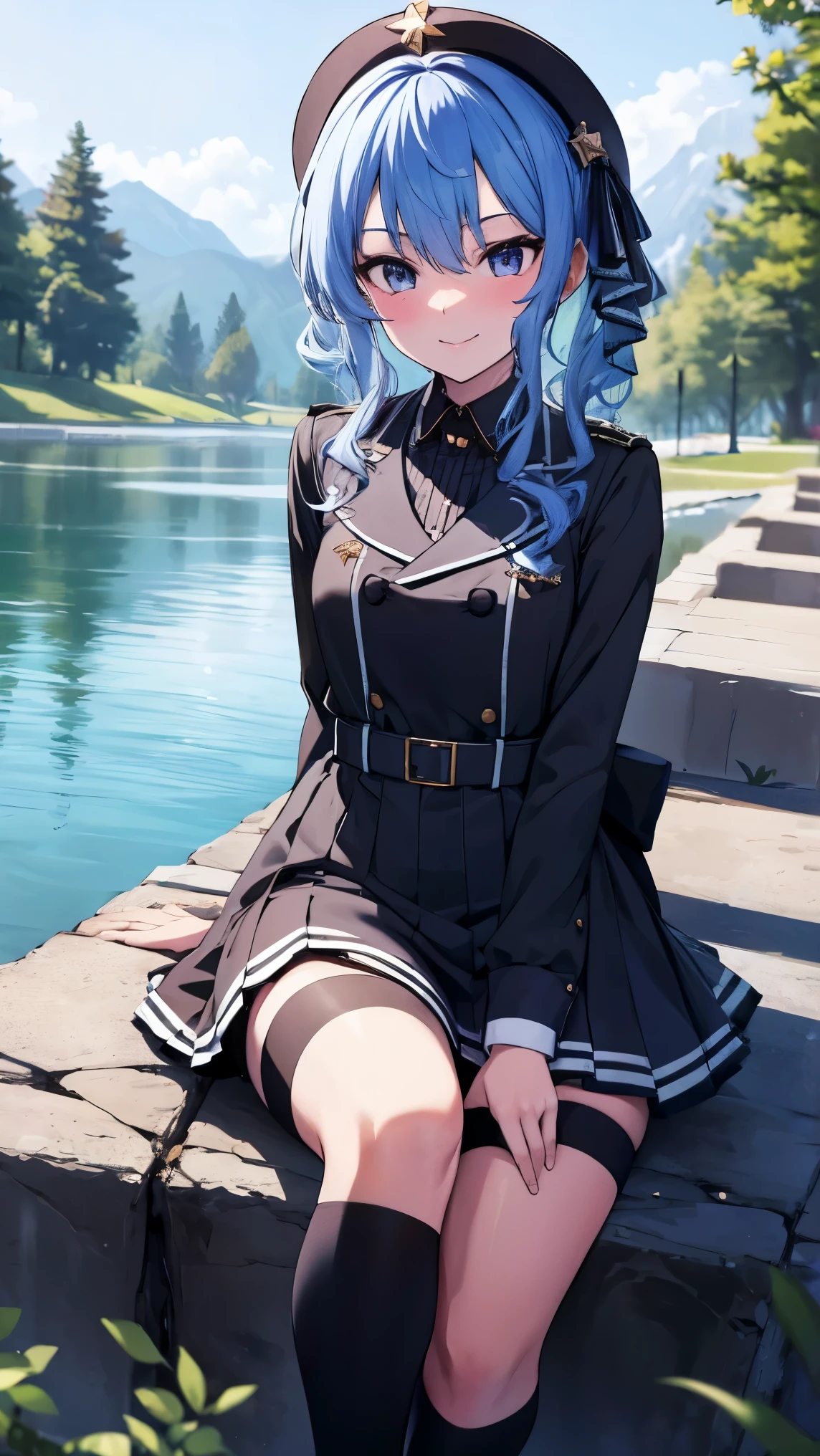 Hololive_hoshimachi suisei_fantasy_black stockings_shortcut_Idol_raw stone star_star star_a handsome guy_delivery_Virtual YouTuber_smile_date_Cafe_move_thank you_bless_thank you_posing_uniform_high school girl_student_beautiful feet_glossy_highest quality_masterpiece_medium hair_髪型はshortcut_beautiful_lake畔_lake_Nature