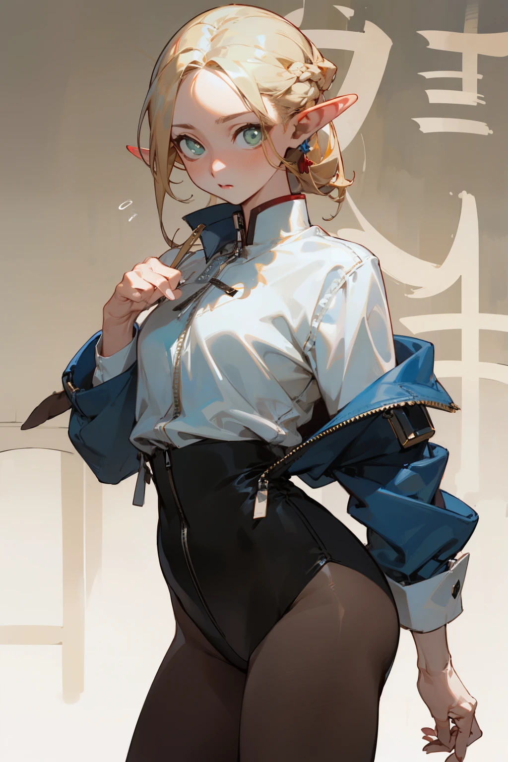 (masterpiece, best quality) detailed, Wearing black tights, silver accessories , zipper unzipped , blonde ,elegant, pointed ears ,Chinese element pattern,thigh,漏出thigh,white shirt