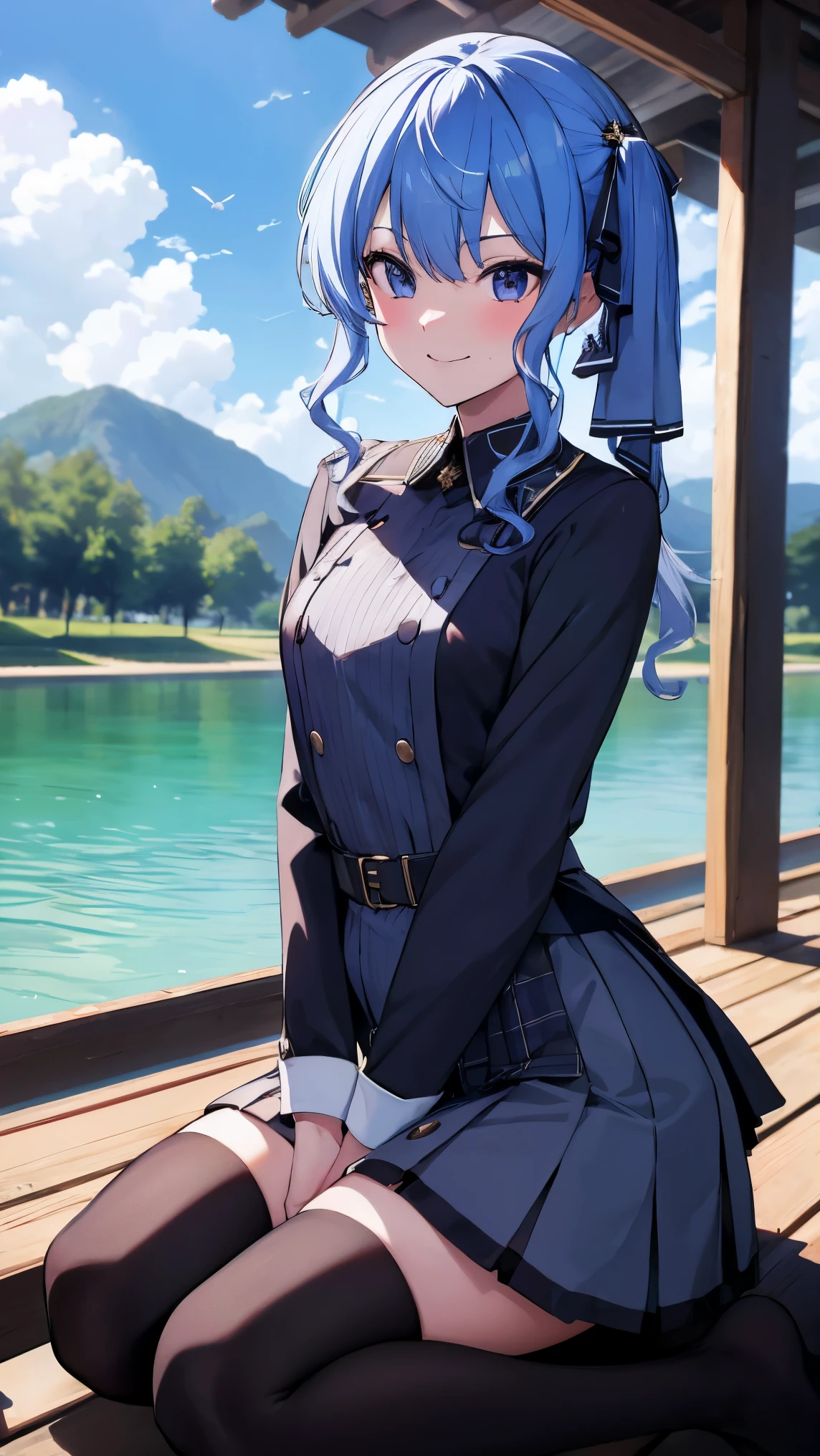 Hololive_hoshimachi suisei_fantasy_black stockings_shortcut_Idol_raw stone star_star star_a handsome guy_delivery_Virtual YouTuber_smile_date_Cafe_move_thank you_bless_thank you_posing_uniform_high school girl_student_beautiful feet_glossy_highest quality_masterpiece_medium hair_髪型はshortcut_beautiful_lake畔_lake_Nature