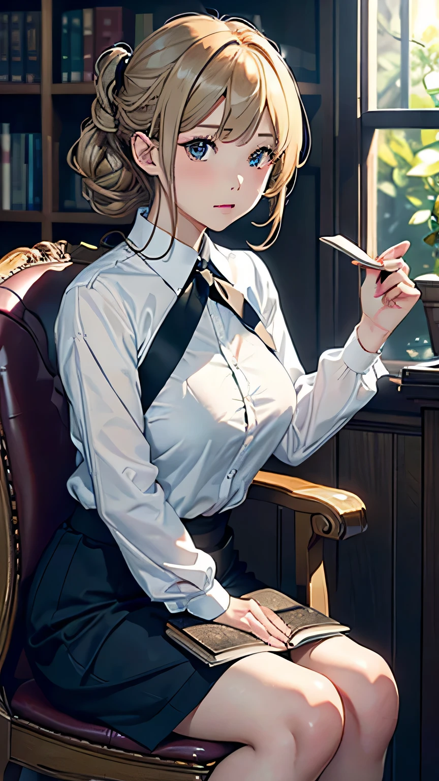 ((大きく足を開いてsitting in a chair))､alone, 1 girl, masterpiece, highest quality, very detailed, cinematic lighting, intricate details, High resolution, official art, beautiful detailed face and eyes, High resolutionのイラスト, 8k, dark intense shadow, exposed, [blonde hair/brown hair], single edge, black eye, Lonely, sitting in a chair, Upper body, big breasts, white shirt, Book_stack, library, ((vine)), Rose, looking at the viewer､((足を開いてsitting in a chair))､