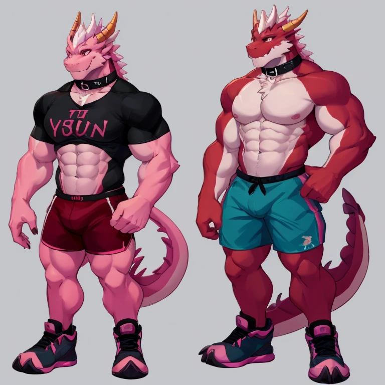 there are two different poses of a gray dragon male, back position, front position,sketches of a dragon male, pink dragon fursona, [ character design ], character adoptable, anthropomorphic dragonmale, tome + concept art, full body concept, fursona art, fursona commission, character design contest winner, big muscular, red sport shoes, shorts, t-shirt with the word big , collar dog