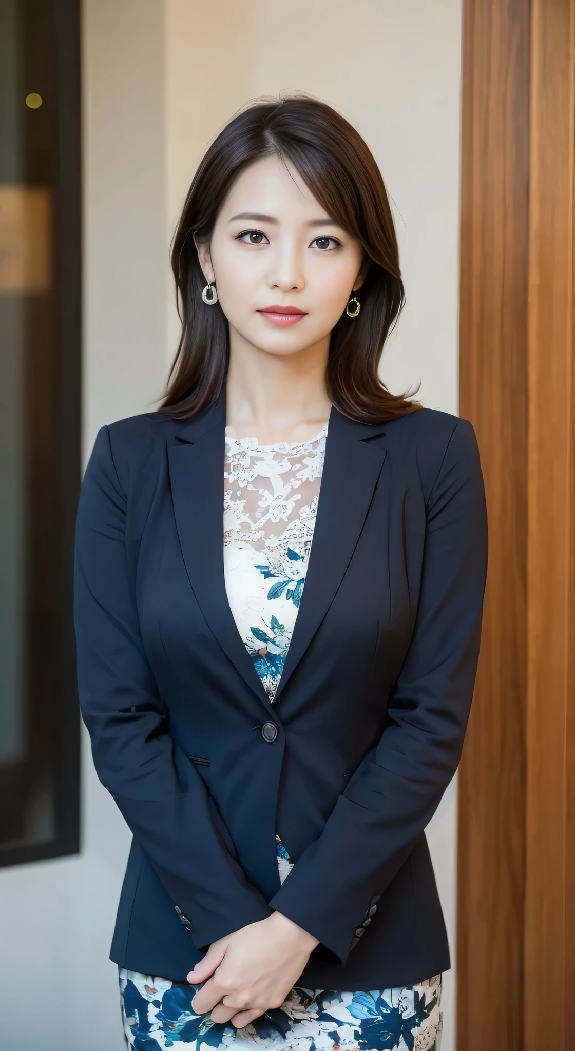 (masterpiece:1.3), (highest quality:1.2), (intricate details:1.2), (surreal:1.2), (professional photos:1.1), very detailed, shape, absurd solution, perspective, black wall background, concentrate, 40 years old, Japanese woman standing upright with her hands folded in front of her body, talking photo, 1 girl, chief executive officer(chief executive officer(CEO, (medium breasts ), long hair, perfect hands, finger details, fine and beautiful eyes, perfect eyes, enchanting eyes, brown eyes, Plain long skirt, wearing a normal skirt, In dark blue, (business clothes: 1.2), white jacket, earrings, look at the audience, better hand, Art by Paul Thomas Anderson, (Shot with Sony A7R II and Sony 16-35mm lens, 1/250 people, f/5.6 、ISO1250)、eyes not raised