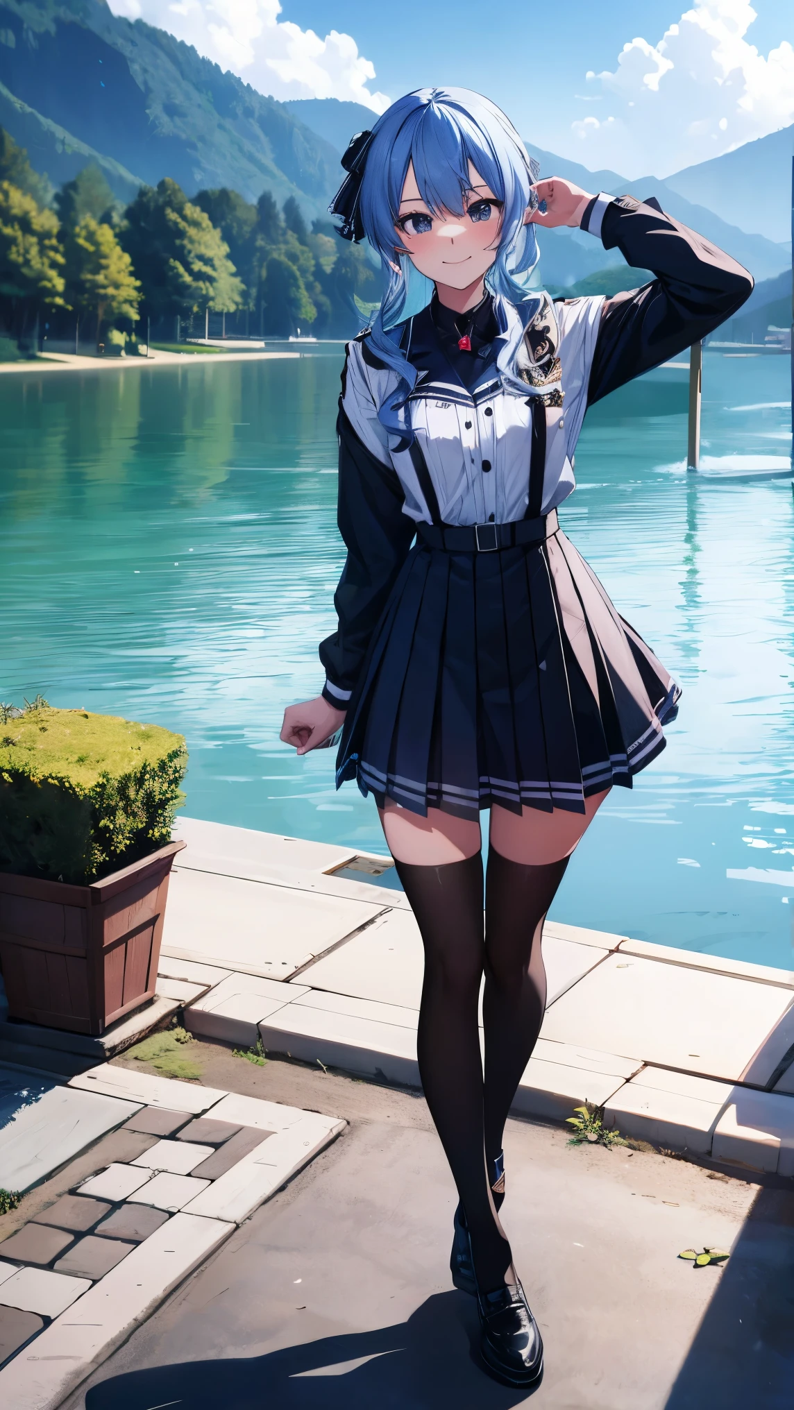 Hololive_hoshimachi suisei_fantasy_black stockings_shortcut_Idol_raw stone star_star star_a handsome guy_delivery_Virtual YouTuber_smile_date_Cafe_move_thank you_bless_thank you_posing_uniform_high school girl_student_beautiful feet_glossy_highest quality_masterpiece_medium hair_髪型はshortcut_beautiful_lake畔_lake_Nature