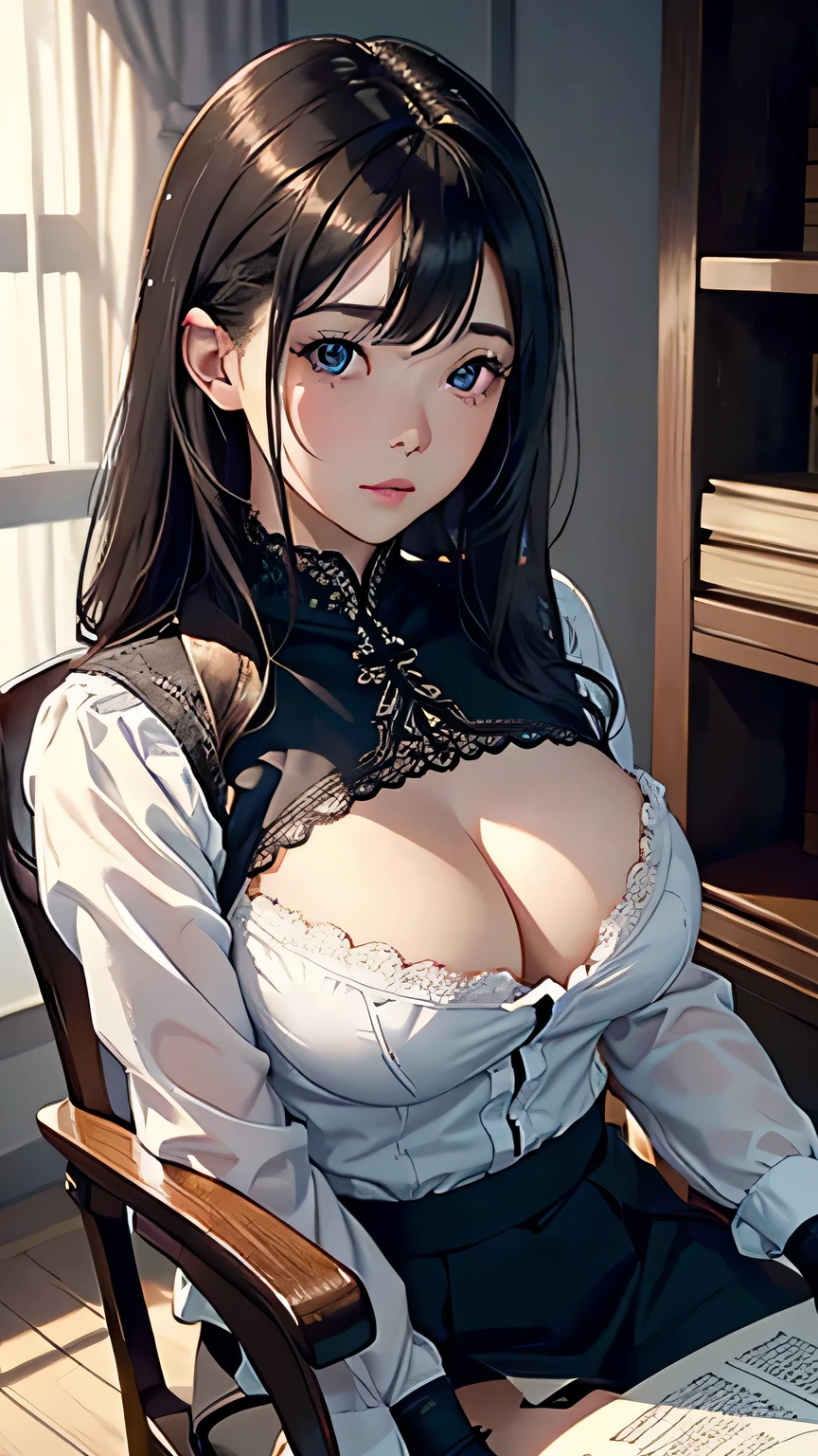 alone, 1 girl, masterpiece, highest quality, very detailed, cinematic lighting, intricate details, High resolution, official art, beautiful detailed face and eyes, High resolutionのイラスト, 8k, dark intense shadow, exposed, [blonde hair/brown hair], single edge, black eye, Lonely, sitting in a chair, Upper body, big breasts, white shirt, Book_stack, library, ((vine)), Rose, looking at the viewer､((足を開いてsitting in a chair))､