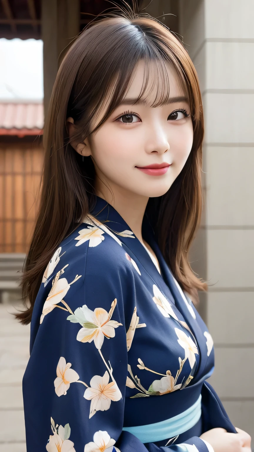 table top, highest quality, shape, Super detailed, finely, High resolution, 16k, perfect dynamic composition, straight hair, medium hair, brown hair,natural color lip, smile, 20歳のgirl、cute、beautiful、完璧でbeautiful顔, beautiful and detailed face, slim face and body, Elegant face, KPOP idol face、Japanese idol faces、small face、Big eyes, brown eyes, droopy eyes, 緻密でbeautiful目, girl,yukata, temple or shrine, temple or shrine, walk, front face、Upper body
