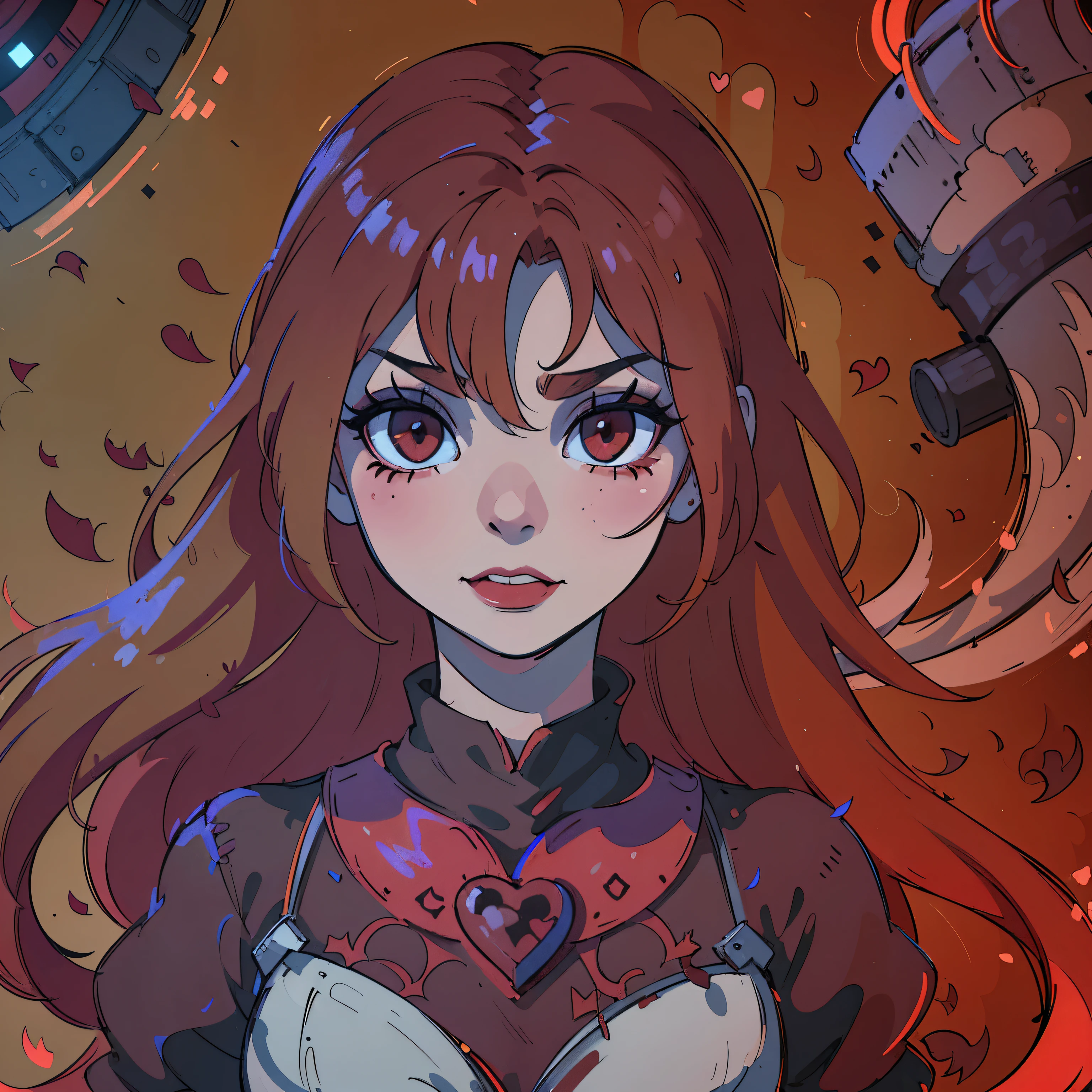 (melhor qualidade,4k,8K,high resolution,obra de arte:1.2),ultra-detalhado,(Realista,photoRealista,photo-Realista:1.37),cabelo vermelho sangue,olhos vermelhos de sangue,olhos e rosto extremamente detalhados,pele mais clara, Dentes detalhados,cores vivas,sombras escuras,dramatic lighting,Gothic,Horror,retrato,cabelo muito ruivo,lindo nariz,sorriso, Do not change the hair bangs,batom vermelho, sorriso with beautiful teeth, drawing of a heart symbol painted in red on the right cheek, boca parte inferior fina.