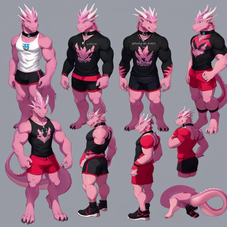 there are two different poses of a gray dragon male, back position, front position,sketches of a dragon male, pink dragon fursona, [ character design ], character adoptable, anthropomorphic dragonmale, tome + concept art, full body concept, fursona art, fursona commission, character design contest winner, big muscular, red sport shoes, shorts, t-shirt , collar dog