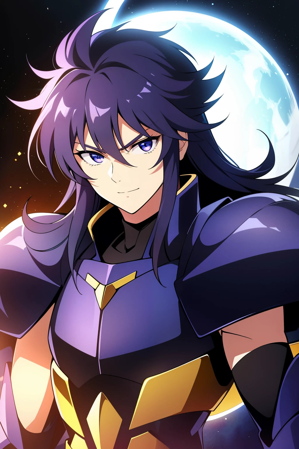 (high-quality, breathtaking),(expressive eyes, perfect face), 1boy, male, solo, half body, armor, dark onyx purple armor, saint seiya armor, spectre armor, fantasy armor, blue hair, medium length hair, brown eyes, ( watercolor \(medium\), black background, small smile, zoom out, stylized hairstyle
