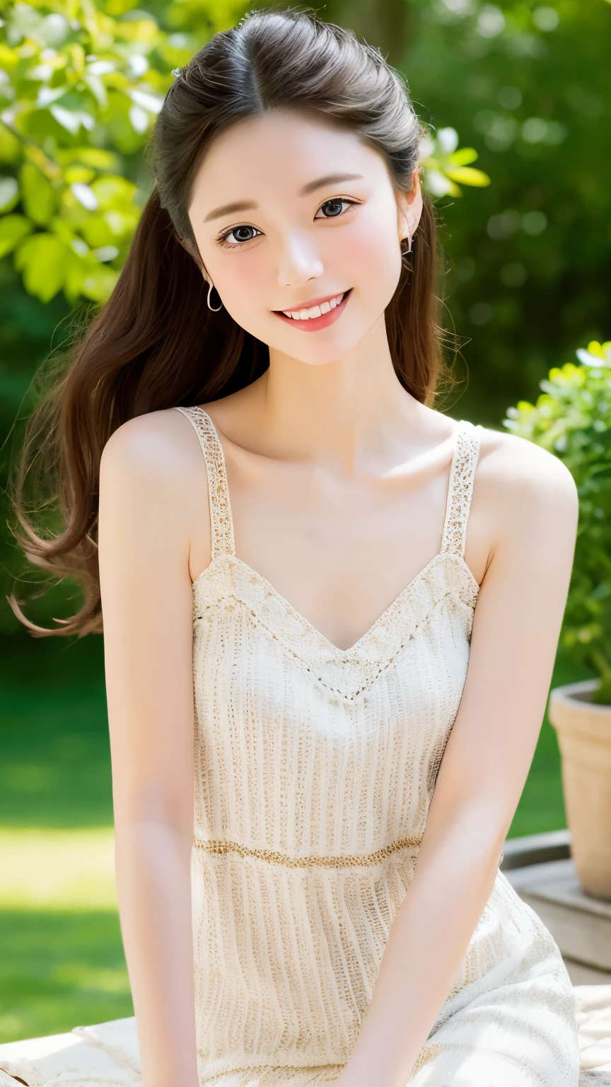 An elegant afternoon、Girl enjoying afternoon tea in the gazebo、Western-style garden、cobblestone、A beautiful garden full of flowers in full bloom、fantastic flower garden、ponytail、Hey ginger、small nose、plump lips、Lips that make you want to kiss、elegant dress、Girl standing on a gazebo bench、table with tea set、white dress、 highest quality、ultra high resolution、master piece:1.5、Portrait