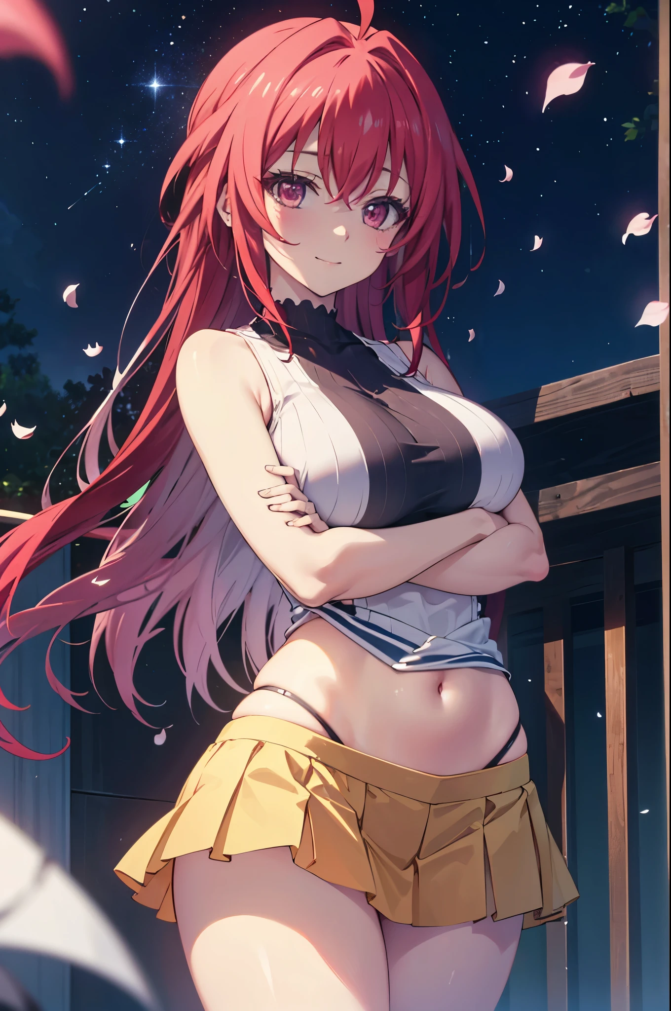 realistic image, coherent image, detailed image, 1 beautiful girl. She has carmsei red hair, long hair, ahoge. red eyes, long eyelashes. Her face is oval and delicate. smiling seductively. She is wearing a sleeveless top, showing her navel, pleated mini skirt. She has a curvy body, big breasts and thick thighs. She has her arms hidden behind her back, showing her breasts. starry night, flower petals falling. natural lighting in front, volumetric lighting