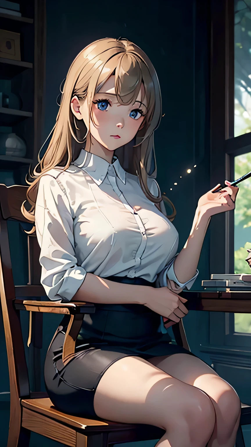 alone, 1 girl, masterpiece, highest quality, very detailed, cinematic lighting, intricate details, High resolution, official art, beautiful detailed face and eyes, High resolutionのイラスト, 8k, dark intense shadow, exposed, [blonde hair/brown hair], single edge, black eye, Lonely, sitting in a chair, Upper body, big breasts, white shirt, Book_stack, library, ((vine)), Rose, looking at the viewer､((足を開いてsitting in a chair､