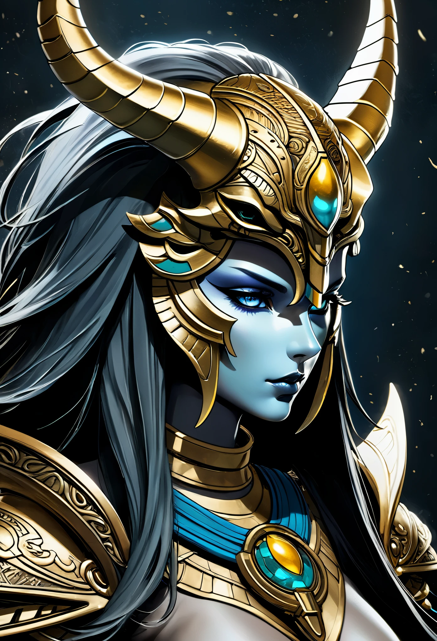 unfinished, hatching (texture)，There is a digital painting, this painting is of an animal with a golden head and horns, portrait of a dragoon, mysterious Anubis Valkyrie, ultra-detailed fantasy figure, cyborg dragon portrait, photo of sleipnir, ghost of Anubis, 4k detail fantasy, polaroid counting trend, zbrush competition winner, drawn with zbrush, zbrush central competition winner, horse warrior, (The whole body all is a blooding:2)