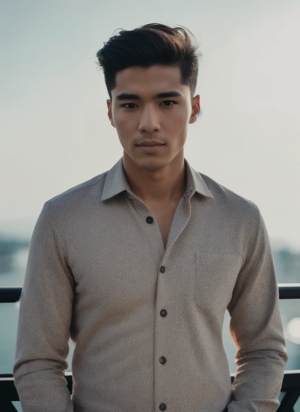RAW photo, a (potrait:1.2) of a very handsome man, (high detailed skin:1.2), 8k uhd, dslr, soft lighting, high quality, film grain, Fujifilm XT3