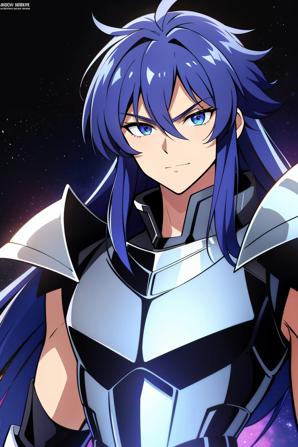 (high-quality, breathtaking),(expressive eyes, perfect face), 1boy, male, solo, half body, armor, dark onyx purple armor, saint seiya armor, spectre armor, fantasy armor, blue hair, medium length hair, brown eyes, ( watercolor \(medium\), black background, small smile, zoom out, stylized hairstyle
