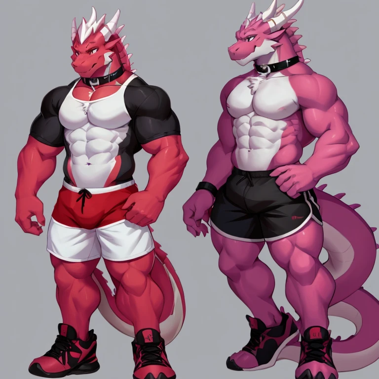 there are two different poses of a gray dragon male, back position, front position,sketches of a dragon male, pink dragon fursona, [ character design ], character adoptable, anthropomorphic dragonmale, tome + concept art, full body concept, fursona art, fursona commission, character design contest winner, big muscular, red sport shoes, shorts, white t-shirt , collar dog