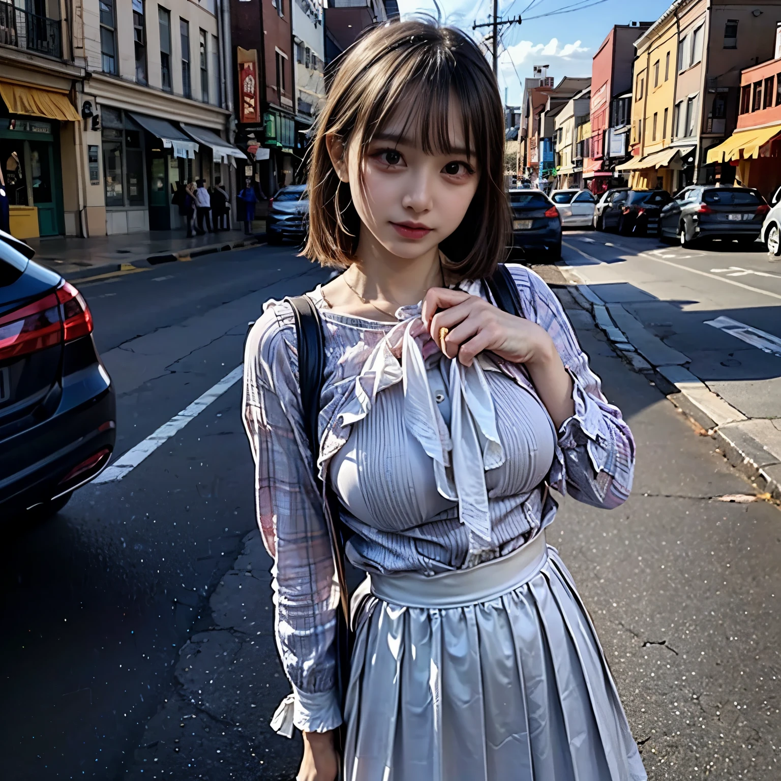 (realistic、Like a photograph、live action、8k, Photoreal, RAW photo, best image quality: 1.4), Single-lens reflex camera、RAW photo, highest quality, realistic, Highly detailed CG Unity 8k wallpaper, Depth of written boundary, cinematic light, Lens flare, ray tracing, realistic background、(Mine series、long skirt:1.4、white ruffled shirt:1.1、big breasts)、standing on street corner、((super dense skin))、 1 girl,cute japanese girl、Mine series女子、((whole body:1.5),look away:1.1、i like the style、pay attention to details、short hair、tie hair、perfect costume、(white skin)、accurate portrait、accurate arm、accurate foot、precise anatomy