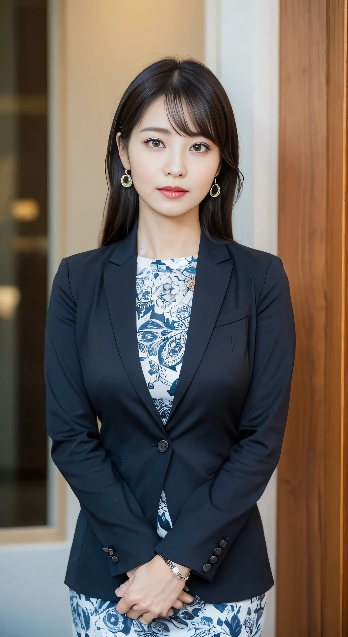 (masterpiece:1.3), (highest quality:1.2), (intricate details:1.2), (surreal:1.2), (professional photos:1.1), very detailed, shape, absurd solution, perspective, black wall background, concentrate, 40 years old, Japanese woman standing upright with her hands folded in front of her body, talking photo, 1 girl, chief executive officer(chief executive officer(CEO, (medium breasts ), long hair, perfect hands, finger details, fine and beautiful eyes, perfect eyes, enchanting eyes, brown eyes, Plain long skirt, wearing a normal skirt, In dark blue, (business clothes: 1.2), white jacket,white shirt,plain shirt , earrings, look at the audience, better hand, Art by Paul Thomas Anderson, (Shot with Sony A7R II and Sony 16-35mm lens, 1/250 people, f/5.6 、ISO1250)、eyes not raised