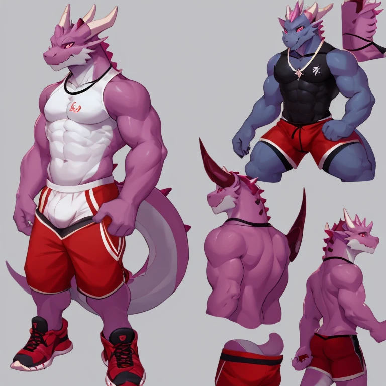 there are two different poses of a gray dragon male, back position, front position,sketches of a dragon male, pink dragon fursona, [ character design ], character adoptable, anthropomorphic dragonmale, tome + concept art, full body concept, fursona art, fursona commission, character design contest winner, big muscular, red sport shoes, shorts, white t-shirt , collar dog
