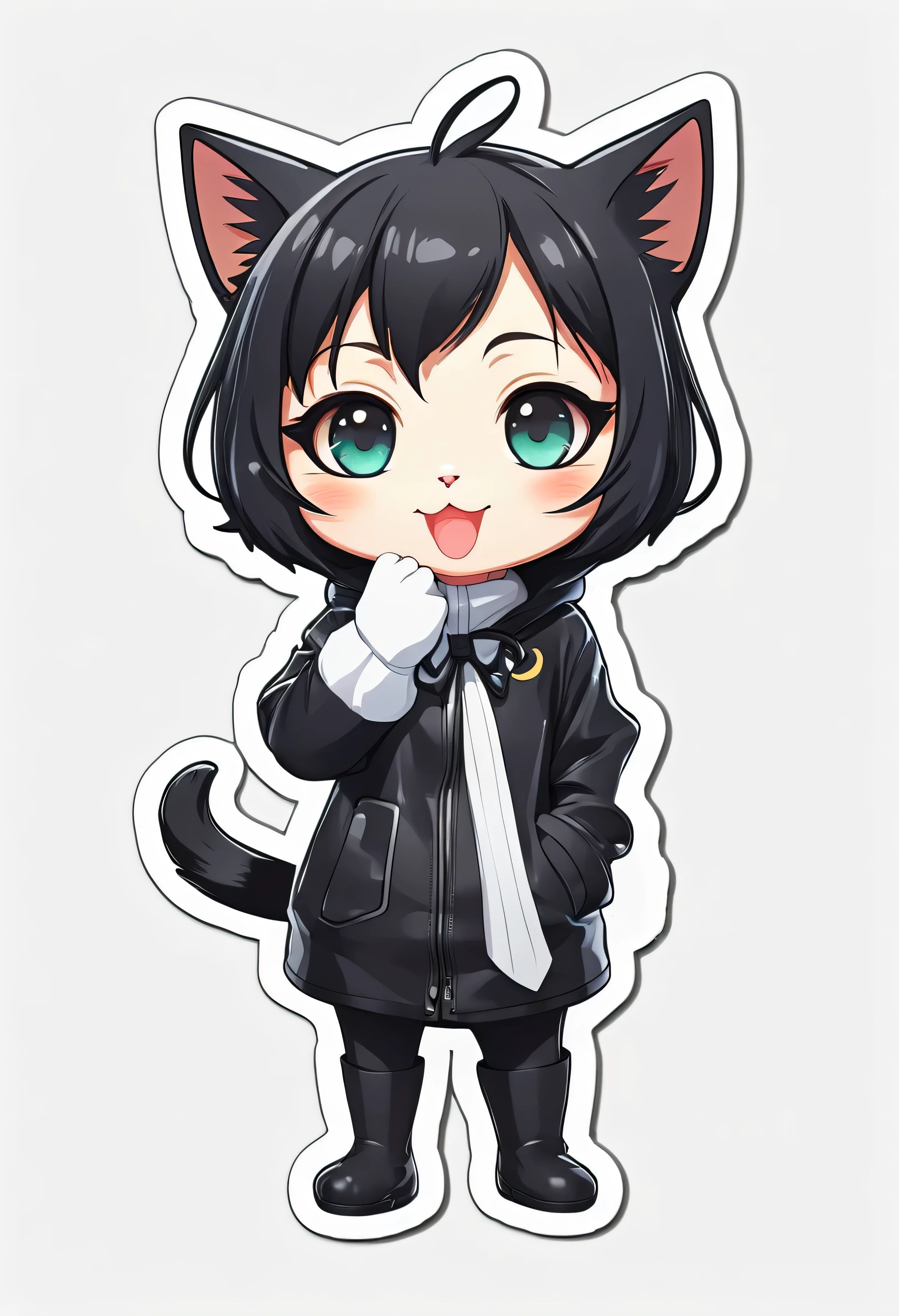 black cat chibi anime cartoon style of sticker, full-length character from head to toe, white background