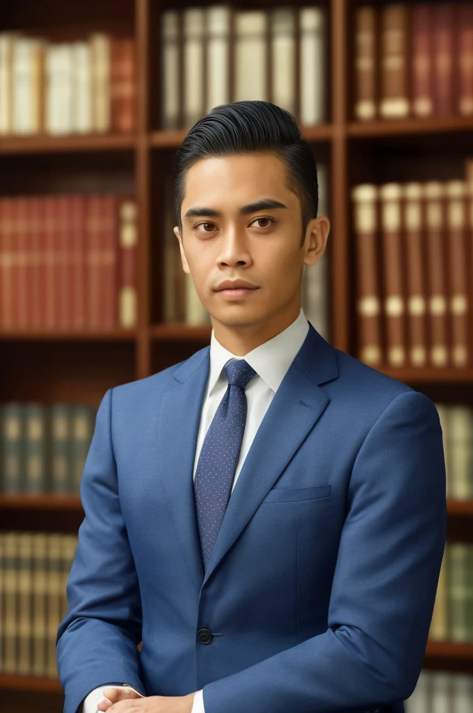 (classy, professional) portrait of a Indonesia lawyer, 25 years old, wearing a sophisticated suit with a perfectly tailored tie. He has a confident and determined expression on his face, showing his expertise and experience in the legal field. The portrait is done in a realistic and photorealistic style to capture every detail of the lawyer's features, including his beautifully detailed eyes, well-defined eyebrows, and clean-shaven face. The lighting is soft and dramatic, highlighting the lawyer's sharp and intelligent gaze. The background is a modern law firm office with shelves filled with law books, adding to the professional atmosphere. The colors are rich and warm, with a touch of blue tones to evoke a sense of trust and authority. The overall quality of the image is of the highest resolution, with ultra-fine painting details and vivid colors to create a stunning masterpiece.