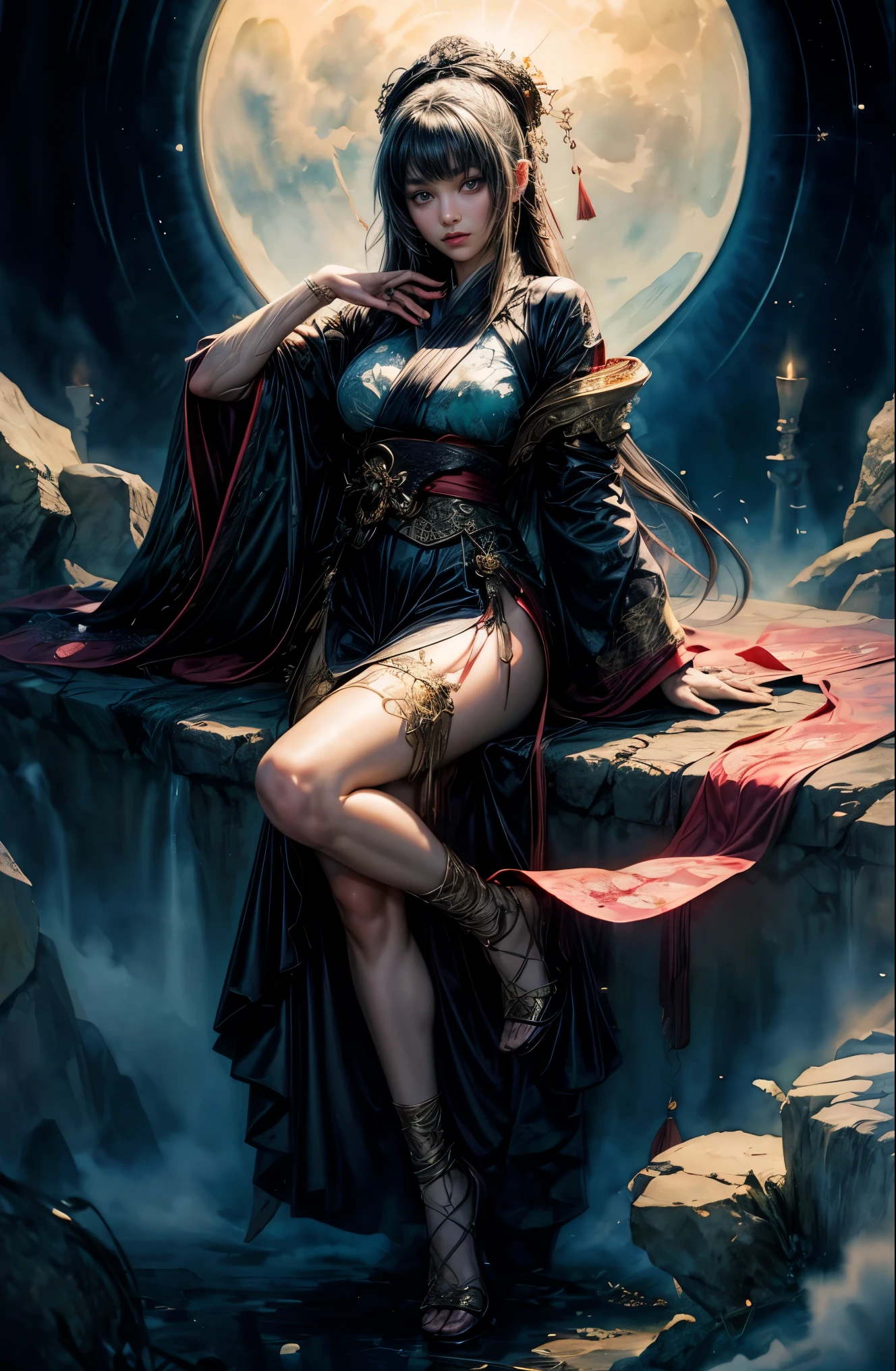 Stylish image of a woman dressed in rainbow with long hair, super plump breasts, full body xianxia, goddess. very high detail, trending on cgstation, irelia from league of legends, beautiful celestial mage, 8k high quality detailed art, irelia, astral mage outfit, beautiful highly detailed fanart, smooth cg art, highly detailed goddess shot, background back : chinese fantasy paradise,